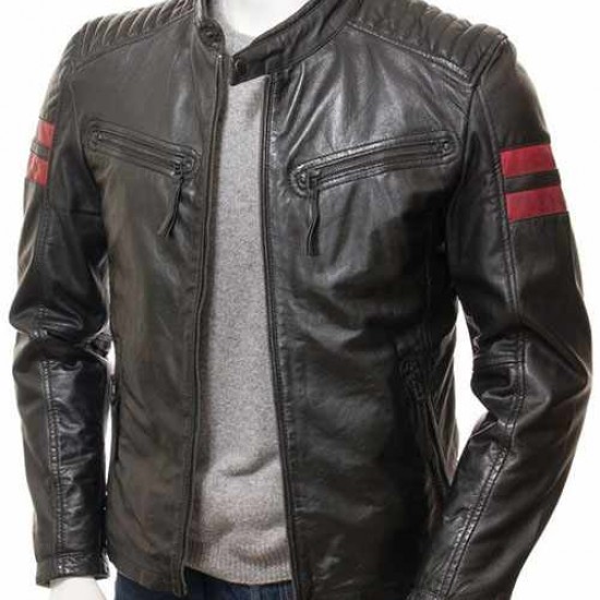 Mens Iconic Cafe Racer Sporty Red Trim Real Leather Biker Jacket