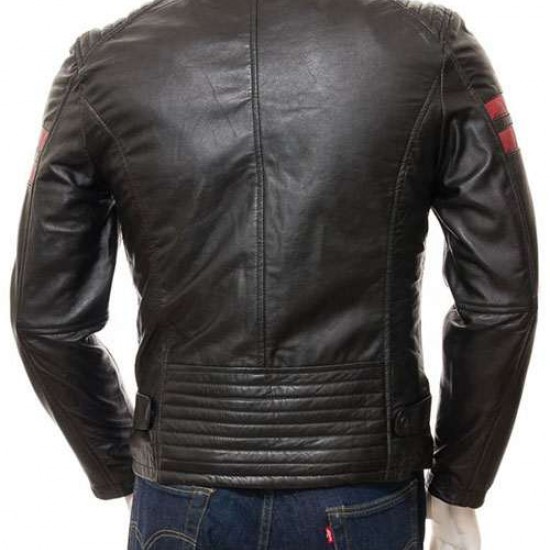 Mens Iconic Cafe Racer Sporty Red Trim Real Leather Biker Jacket