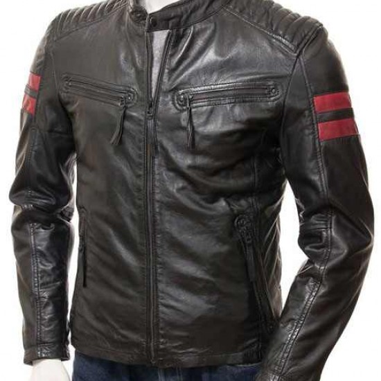 Mens Iconic Cafe Racer Sporty Red Trim Real Leather Biker Jacket