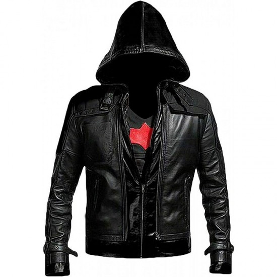 Mens Jason Todd Red Hood Arkham Knight Bat Logo Cosplay Costume Biker Leather Jacket 