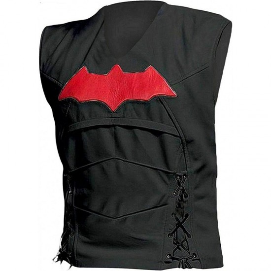 Mens Jason Todd Red Hood Arkham Knight Bat Logo Cosplay Costume Biker Leather Jacket 