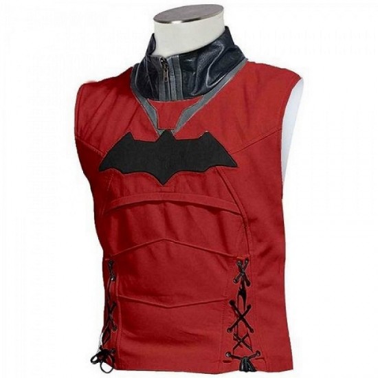 Mens Jason Todd Red Hood Arkham Knight Bat Logo Cosplay Costume Biker Leather Jacket 