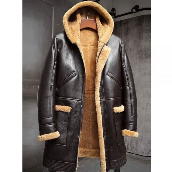 Mens RAF Hooded Shearling Fur Sheepskin Leather Winter Long Jacket