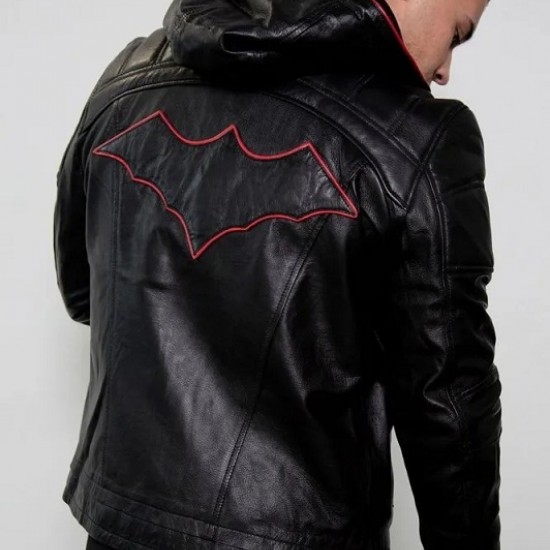 Mens Red Hood Black Leather Costume Jacket