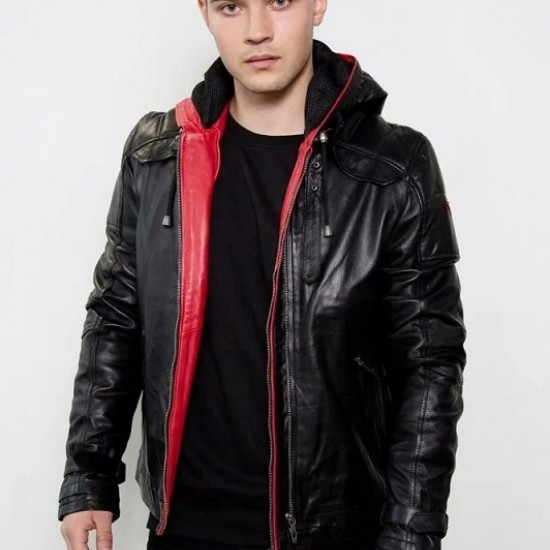 Mens Red Hood Black Leather Costume Jacket