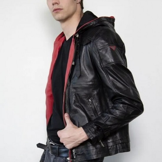 Mens Red Hood Black Leather Costume Jacket