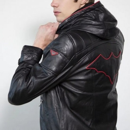 Mens Red Hood Black Leather Costume Jacket