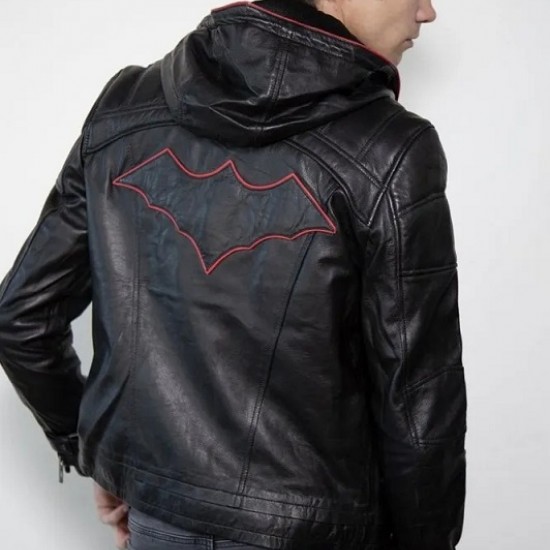 Mens Red Hood Black Leather Costume Jacket