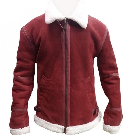 Mens Red Suede Leather Faux Fur Shearling Winter Christmas Jacket