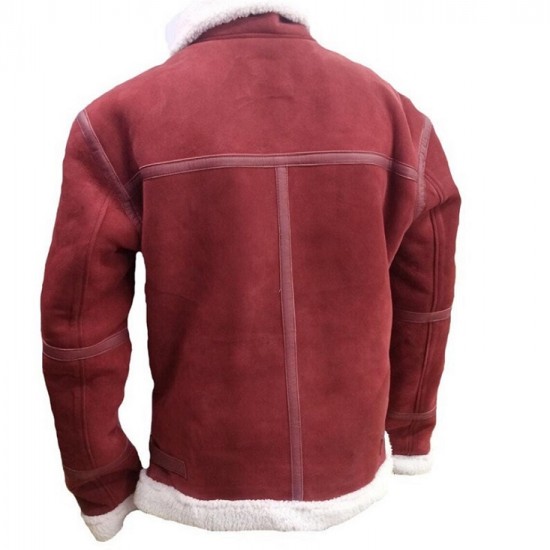 Mens Red Suede Leather Faux Fur Shearling Winter Christmas Jacket