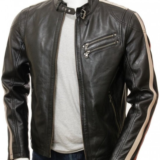 Mens Retro Cafe Racer Style Real Leather Biker Jacket