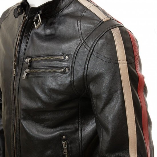 Mens Retro Cafe Racer Style Real Leather Biker Jacket