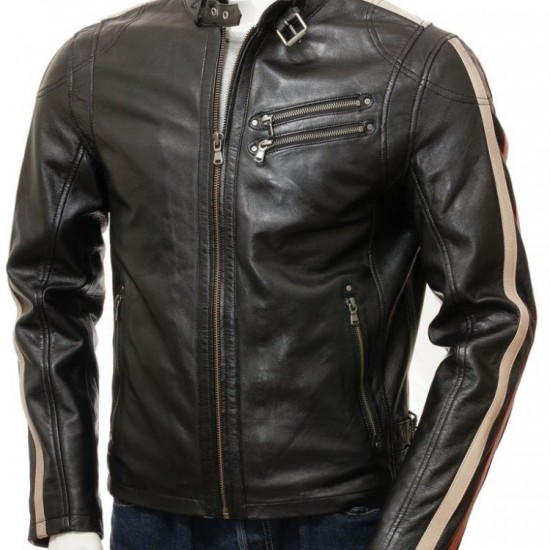 Mens Retro Cafe Racer Style Real Leather Biker Jacket