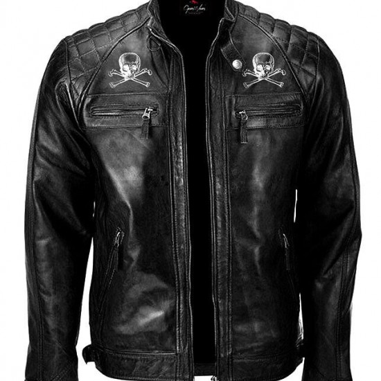 Mens Skull Design Distressed Cafe Racer Motorcycle Jacket