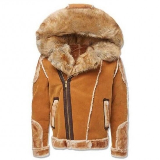 Mens Suede Leather Brown Hooded Faux Fur Shearling Jacket