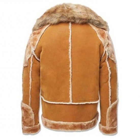 Mens Suede Leather Brown Hooded Faux Fur Shearling Jacket