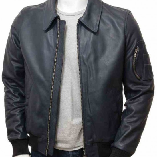 Men’s Black And Dark Blue Classic Real Leather Bomber Jacket