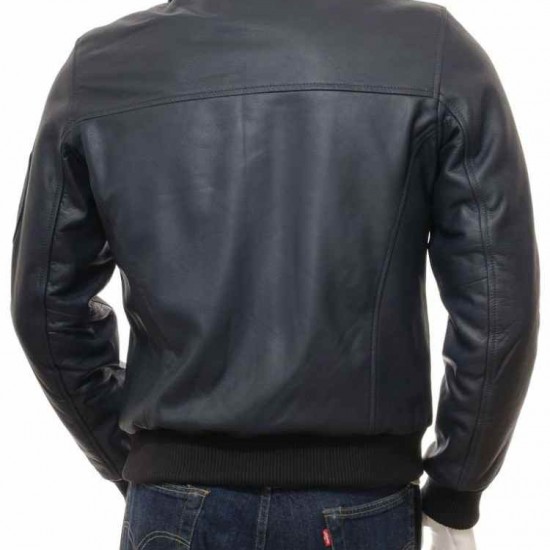 Men’s Black And Dark Blue Classic Real Leather Bomber Jacket