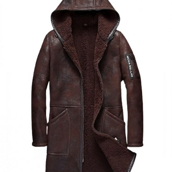 Men’s Moda Nellav Dark Brown Shearling Leather Hooded Coat