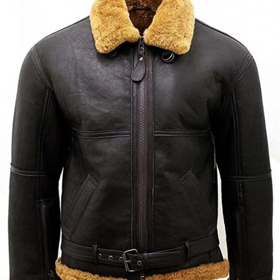 Men’s RAF Real Shearling Sheepskin Flying Leather Jacket with Ginger Fur