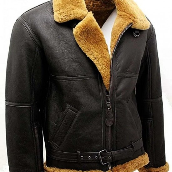 Men’s RAF Real Shearling Sheepskin Flying Leather Jacket with Ginger Fur