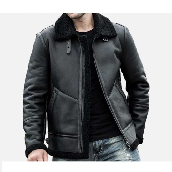 Men’s Shearling Leather Coat with Turn-Down Collar Winter Warm Jacket