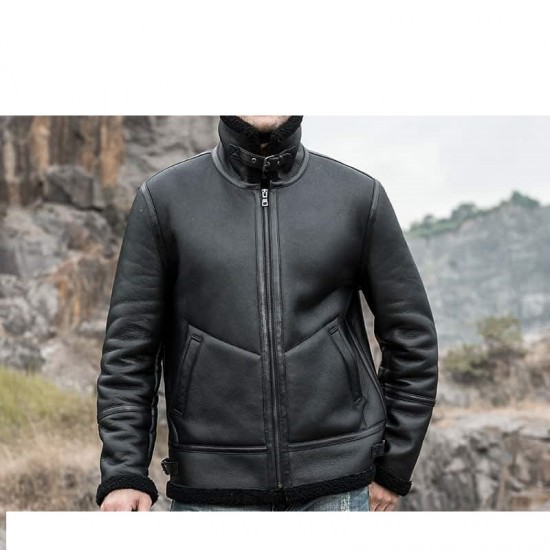 Men’s Shearling Leather Coat with Turn-Down Collar Winter Warm Jacket