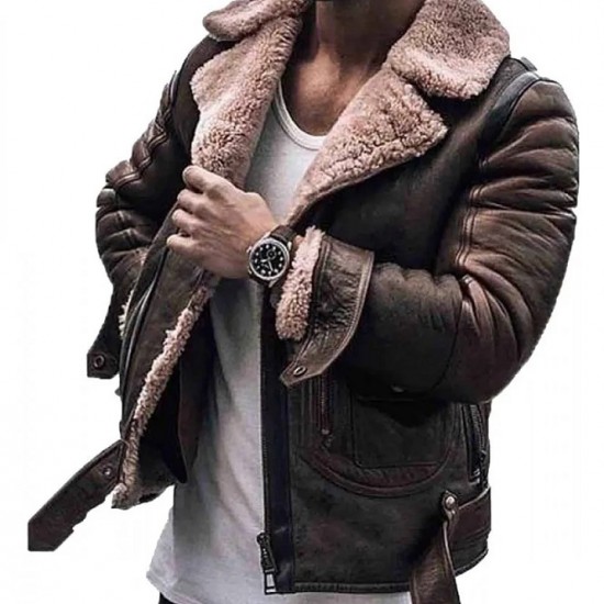 Men’s Street Style Brown Shearling Leather Jacket