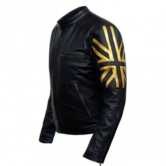 New Men's Biker Black UK Flag Leather Jacket