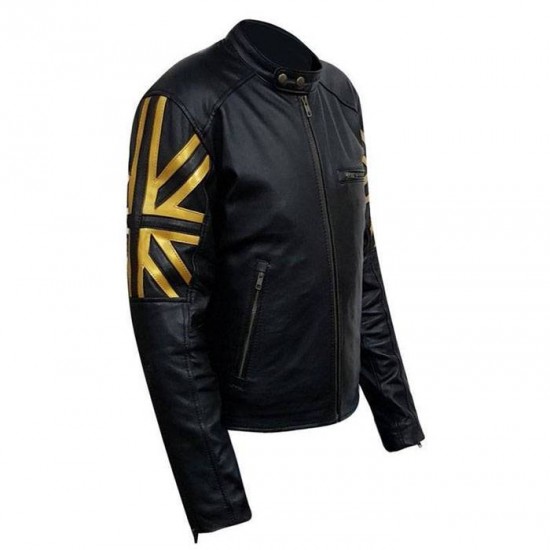 New Men's Biker Black UK Flag Leather Jacket