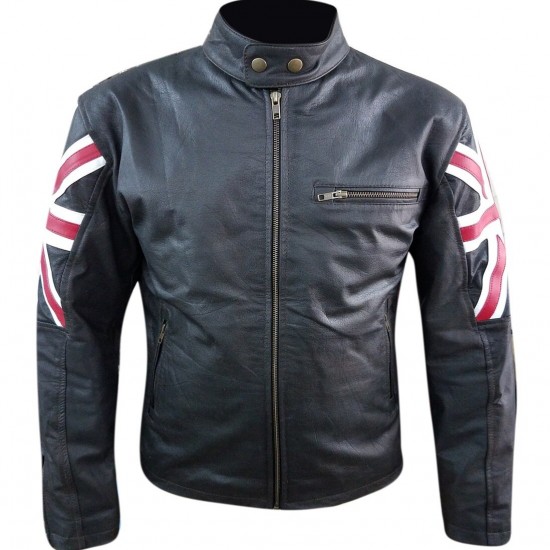 New Men's Biker Vintage Cafe Racer Leather Jacket with UK Flag and Embossed Skull