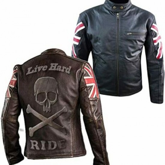 New Men's Biker Vintage Cafe Racer Leather Jacket with UK Flag and Embossed Skull