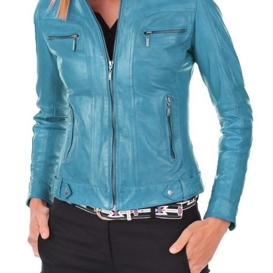 New Stylish Turquoise Blue Leather Jacket For Women