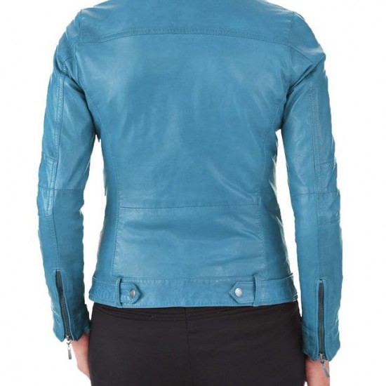 New Stylish Turquoise Blue Leather Jacket For Women