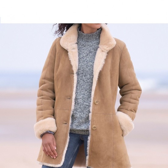 New Womens Beige Sherling Fur Coat