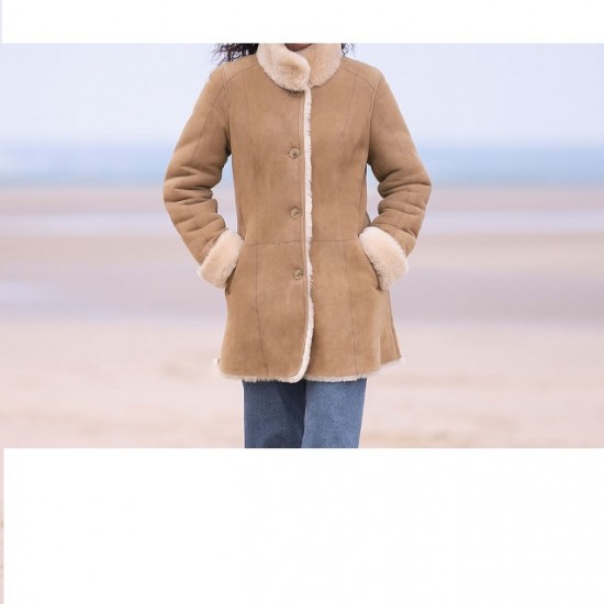 New Womens Beige Sherling Fur Coat