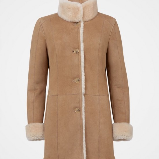 New Womens Beige Sherling Fur Coat