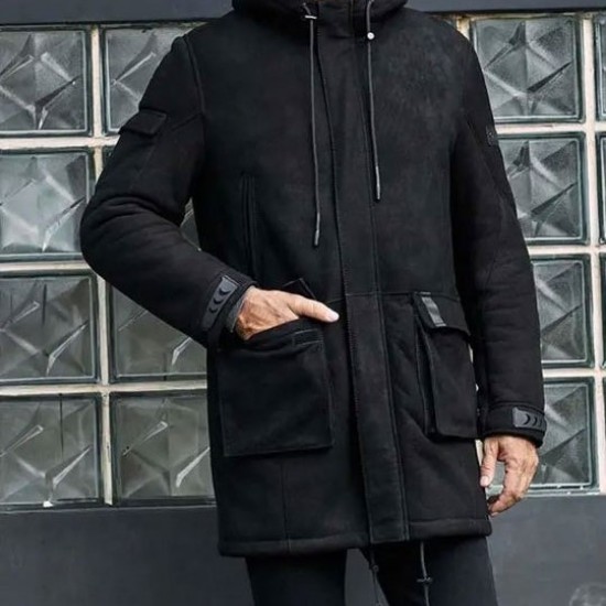 Outwear Winter Fur Coat Black Sheepskin Leather Overcoat