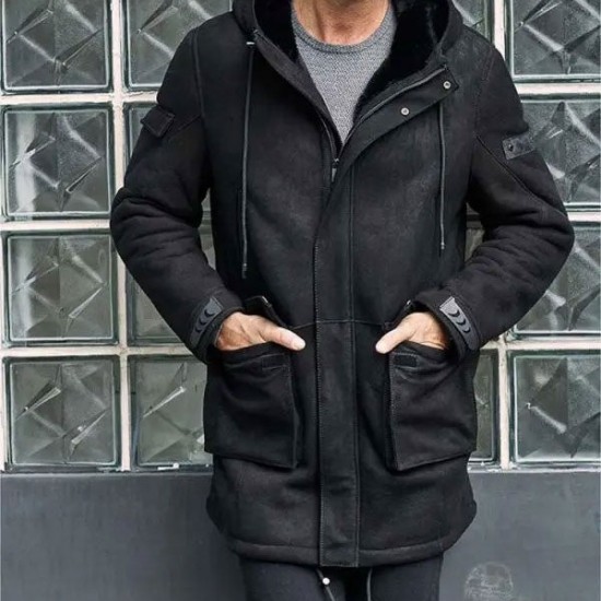 Outwear Winter Fur Coat Black Sheepskin Leather Overcoat