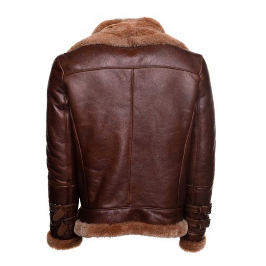 Phan's Brown Aviator bomber shearling jacket with a waist belt