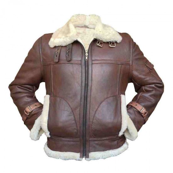 Men's Aviator RAF B3 Sheepskin Fur Shearling Bomber Flying Brown Leather Jacket