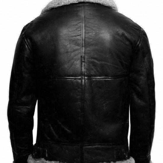 Mens Black RAF Aviator B3 Shearling Fur Collared Real Sheepskin Leather Jacket