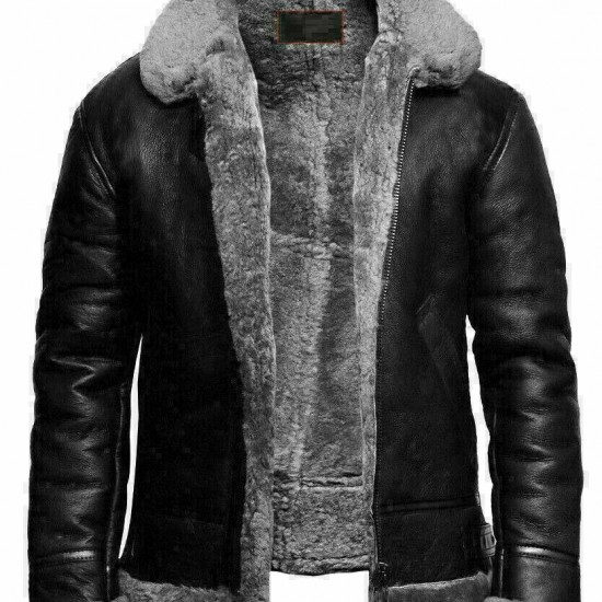 Mens Black RAF Aviator B3 Shearling Fur Collared Real Sheepskin Leather Jacket