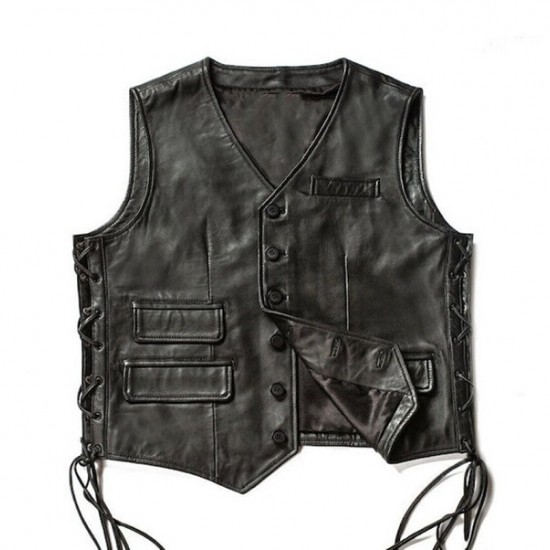 Side Laces Motorcycle Biker Riding Lambskin Vest