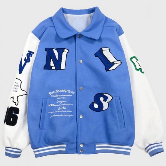 Skeleton Flocking Hip Hop Blue Letterman Jacket