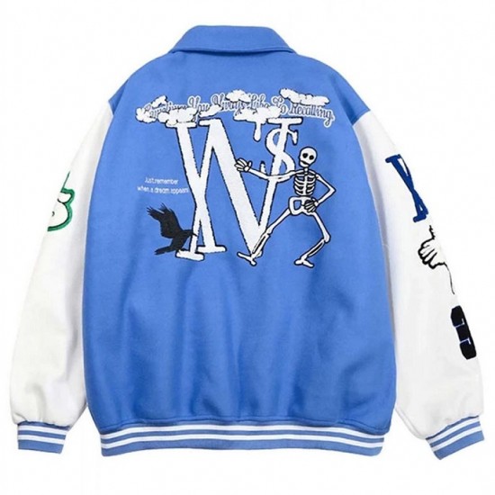 Skeleton Flocking Hip Hop Blue Letterman Jacket