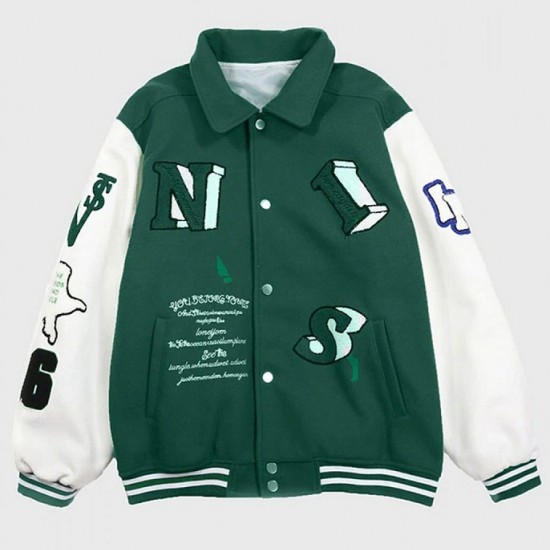 Skeleton Flocking Hip Hop Green Letterman Jacket