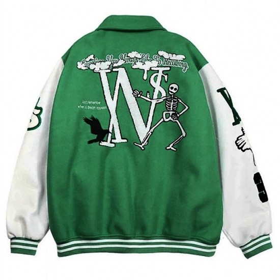 Skeleton Flocking Hip Hop Green Letterman Jacket