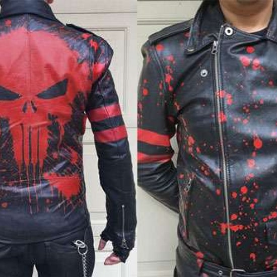 Men's Custom Hand Painted Punk Bloody Punisher Leather Biker Jacket 