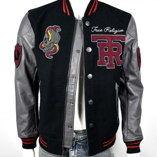 True Religion $499 Collegiate Logo Patch Varsity Leather Jacket